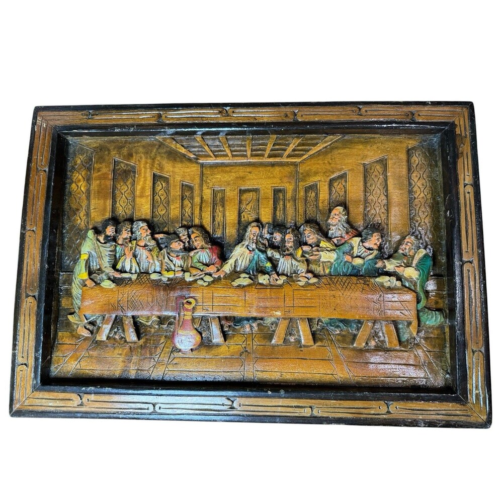 Vintage Antique Carved Wood Wall Plaque-Last Supper- Jesus -Easter Resurrection